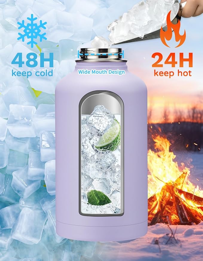 Half Gallon Water Bottle with Straw - Pop Up Lid, Carrying Pouch, Paracord Handle, Silicone Boot, 64 oz Water Bottle Triple Wall Thermal Mug Gallon Water Jug for Work School Home Sports Gym