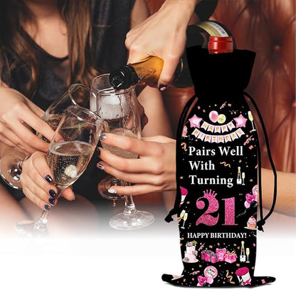 21st Birthday Gifts for Her Him Wine Bag, 21 Year Old Birthday Gifts for Her, Happy 21st Birthday Party Decorations for Her Him, Pairs Well with Turning 21 Wine Bags (Black Pink)