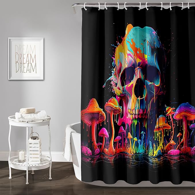 AILONEN Mushroom Skull Shower Curtain for Bathroom, 3D Oil Painting Mushroom Skull Bath Curtain for Kids Boys Girls,Modern Abstract Print Waterproof Black Curtain with 12 Plastic Hooks, 36" W*72" H
