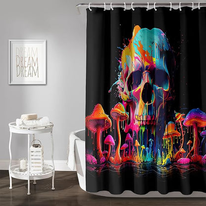 AILONEN Mushroom Skull Shower Curtain for Bathroom, 3D Oil Painting Mushroom Skull Bath Curtain for Kids Boys Girls,Modern Abstract Print Waterproof Black Curtain with 12 Plastic Hooks, 36" W*72" H