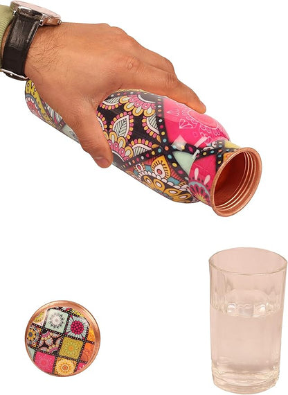 Pure Copper Water Bottle - Handcrafted - Ayurveda health benefits - Large 35 oz - Leak proof - Easy to carry for Sports, Fitness, Yoga, School - Artistic Floral Petals Multicolor Enamel