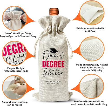 Graduation Wine Bag, One Degree Hotter Gift Wine Bag For Masters Grad, College Graduation Party Favors Decor, Farewell PHD Gift for Women, Wine Champagne Bag, Burlap Wine Bottle Cover Bag
