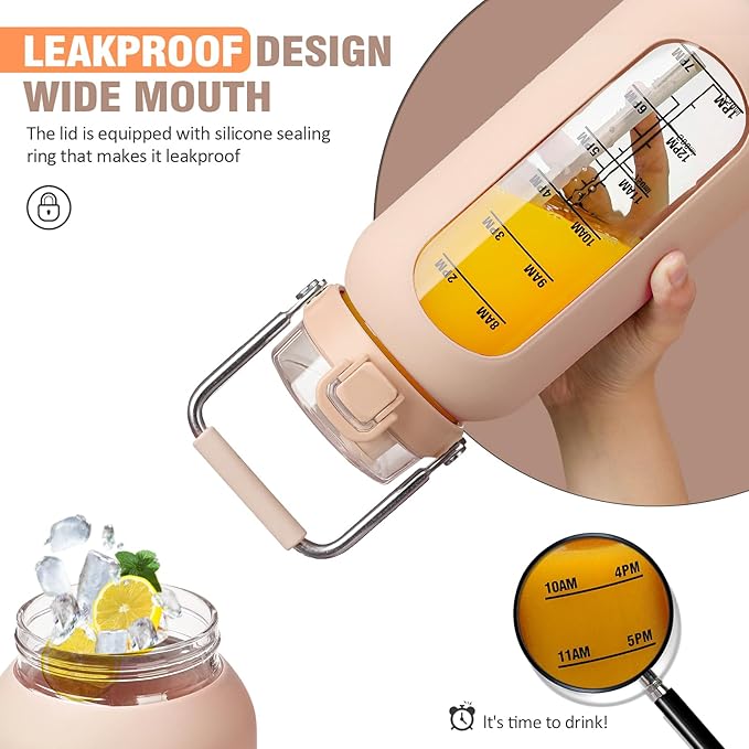 kytffu 64 oz Glass Water Bottle with Straw and Stainless Steel Handle, Half Gallon Water Bottle with Silicone Sleeve and Time Marker, 2L Large Glass Bottle for Gym, School, Travel, Leak-proof (Amber)