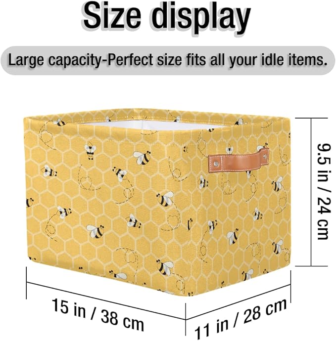 Honeycomb Bee Storage Basket Collapsible Storage Bin Large Fabric Storage Boxes Organizer with Leather Handles for Clothes Toys Books Kitchen Laundry 1Pc