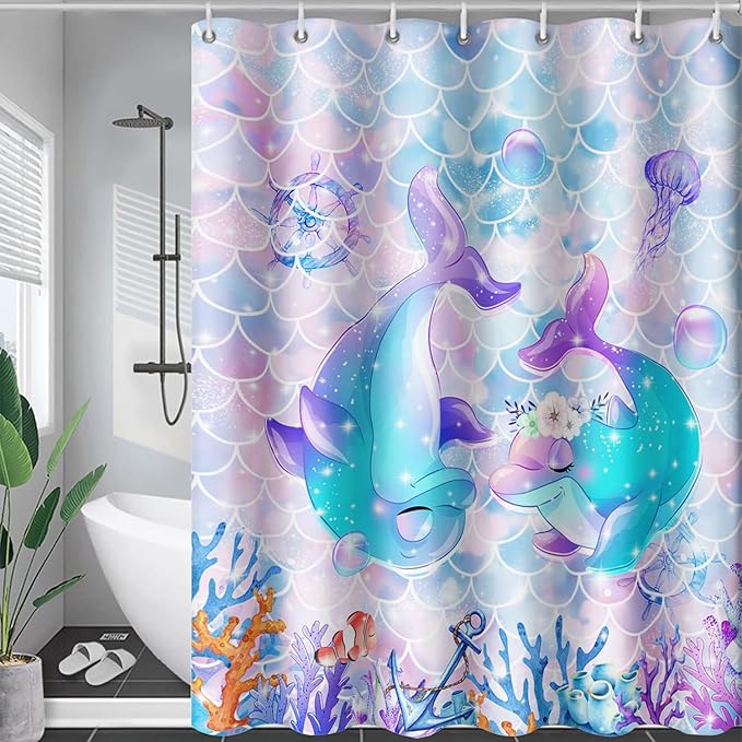AILONEN Cute Dolphin Shower Curtain,Kawaii Ocean Dolphin Bathroom Curtain for Kids Girls Women,Cartoon Fish Scale Mermaid Bath Curtain 48" W*72" H Polyester Waterproof Shower Curtain with 12 Hooks