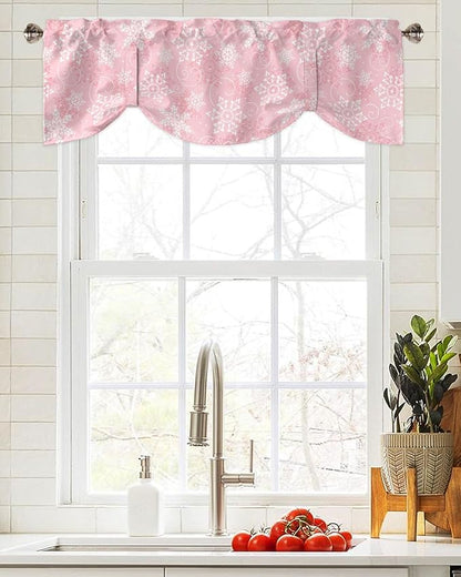 Christmas Blackout Tie Up Valance Curtains for Kitchen Windows Pink White Snowflakes Pattern Window Toppers Balloon Shades for Living Room/Bathroom/Bedroom,1 Panel, 42" X 12", Winter
