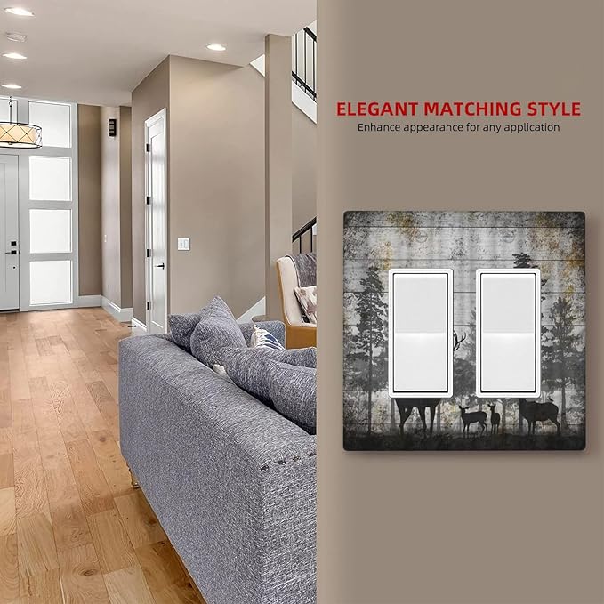 Rustic Deer Forest Vintage Wood Board 2 Gang Rocker Boho Light Switch Covers Decorative Country Unique Double Decora Outlet Wall Plate Faceplate Switchplate GFCI for Farmhouse Bedroom