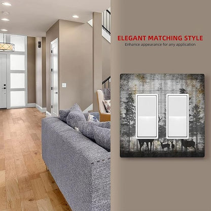Rustic Deer Forest Vintage Wood Board 2 Gang Rocker Boho Light Switch Covers Decorative Country Unique Double Decora Outlet Wall Plate Faceplate Switchplate GFCI for Farmhouse Bedroom