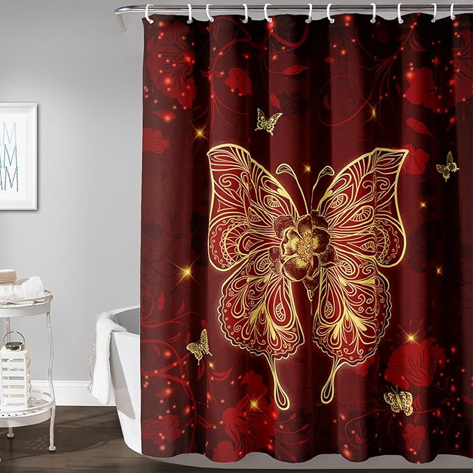 AILONEN Rose Butterfly Waterproof Curtain,Red and Gold Butterfly Floral Bath Curtain,Modern Chic Flower Polyester Fabric Red Curtain with 12 Plastic Hooks, 36" W x 72" H