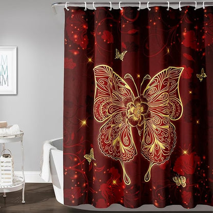 AILONEN Rose Butterfly Waterproof Curtain,Red and Gold Butterfly Floral Bath Curtain,Modern Chic Flower Polyester Fabric Red Curtain with 12 Plastic Hooks, 72" W x 72" H