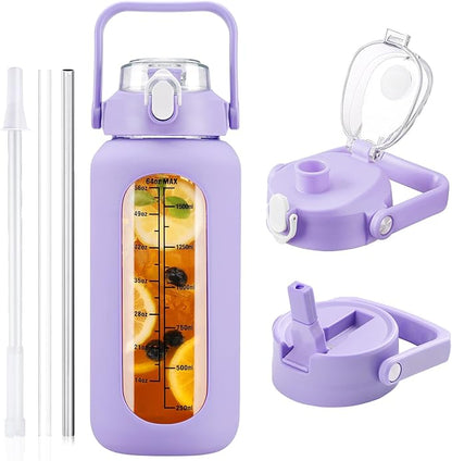 64 oz Glass Water Bottle with Straw and 2 Lids, Half Gallon Water Bottle with Sleeve, Large Insulated 2 Liter Glass Water Jug Time Marker with Handle - Purple