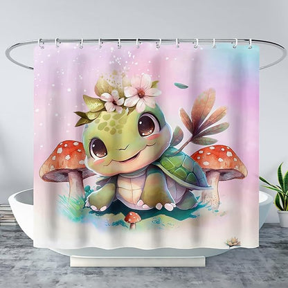 AILONEN Kawaii Sea Turtle Shower Curtain,Tie Die Ocean Animal Themed Bath Curtain Cloth Fabric Bathroom 60" W*72" H Inch,12 Pack Hooks for Kids,Sea Animal with Mushroom Bathroom Curtain