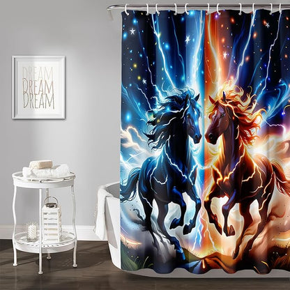 AILONEN 3D Horse Shower Curtain,Bohemian Lightning Galloping Horses Waterproof Fabric Shower Curtains for Bathroom,Animals Theme Bath Curtain Set with Hooks, 72" W*78" H