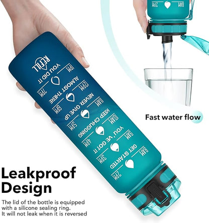 32oz Motivational Water Bottle with Time Marker & Fruit Strainer, Leak-proof BPA Free Non-Toxic Bottle with Carrying Strap, Perfect for Fitness, Gym and Outdoor Sports