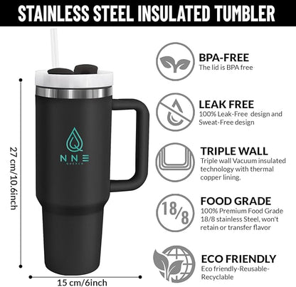 40oz stainless Steel Insulated Tumbler with Handle, lid and straw for cold water, Iced tea, or coffee - 100% Leak-Proof - Cupholder Friendly Travel Mug- Gifts for Women Men Him Her (Black)