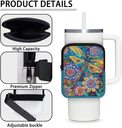 Dragonfly Boho Flower Stanley Cup Pouch with Adjustable Strap Water Bottle Storage Bag 20oz-40oz IceFlow Tumbler Pouch for Stanley Accessories