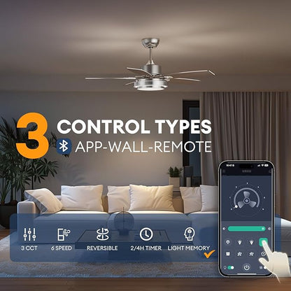 42 Inch Ceiling Fans with Lights and Remote/APP Control, Modern Nickel Ceiling Fan with Quiet Reversible DC Motor, 3 CCT Dimmable LED for Bedroom, Living Room, Patio, Indoor and Outdoor