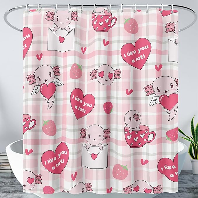 AILONEN Axolotl Shower Curtain Pink Love Hearts Print Bath Curtain Girls Women Adults Strawberry Grid Shower Curtain 60" W*72" H Bathroom Curtain Decor Polyester Waterproof Curtain with 12 Hooks