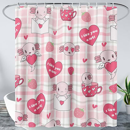 AILONEN Axolotl Shower Curtain Pink Love Hearts Print Bath Curtain Girls Women Adults Strawberry Grid Shower Curtain 72" W*96" H Bathroom Curtain Decor Polyester Waterproof Curtain with 12 Hooks
