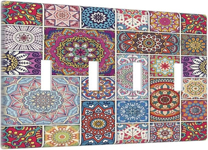 Morocco Talavera Mexican Tiles Printed Colroful Mandala Quad Toggle Light Switch Covers 4 Gang Wall Plate Decorative Switchplate Electrical Faceplate for Kitchen Bathroom Bedroom Decor
