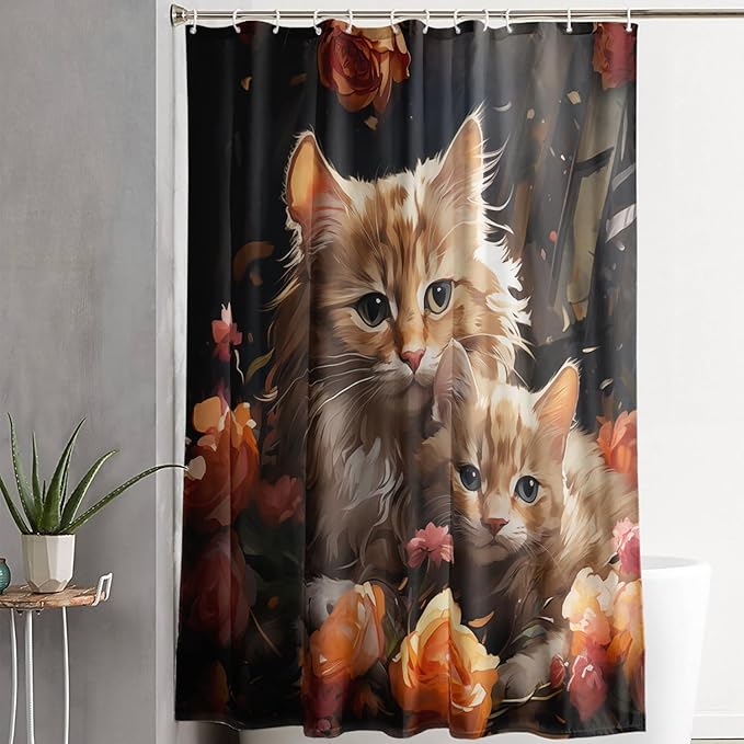 AILONEN 3D Kawaii Cat Shower Curtain,Lovely Kitten Mom and Son Polyester Cloth Bath Curtain Set for Girls Boys,Cute Animal with Flowers Waterproof Shower Curtains for Bathroom, 72" W*96" H