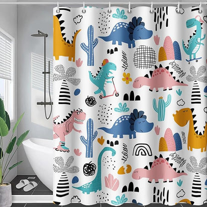 AILONEN Dinosaur Shower Curtain for Kids Boys,Cartoon Dinosaur Bath Curtain 72" W*78" H,Cactus Rainbow Dinosaur Waterproof Shower Curtain with 12 Plastic Hooks
