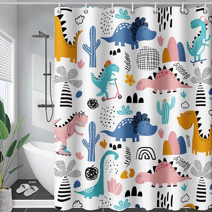 AILONEN Dinosaur Shower Curtain for Kids Boys,Cartoon Dinosaur Bath Curtain 72" W*84" H,Cactus Rainbow Dinosaur Waterproof Shower Curtain with 12 Plastic Hooks
