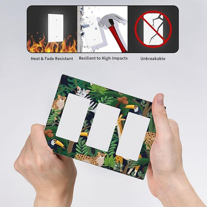 Cartoon Animal Zebra Leopard Giraffe Bird Leaf 3 Gang Rocker Nursery Light Switch Covers Decorative Triple Outlet Wall Plate Cover Faceplate Decorative Switchplate GFCI for Kidroom Decor