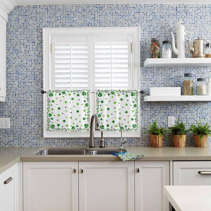 St. Patrick's Day Kitchen Curtains and Valances Set, Green Shamrock Irish Clover Window Tiers Seasonal Spring Holiday Half/Short Curtains for Small Windows Cafe /Living Room/ Bedroom 54x 36 in
