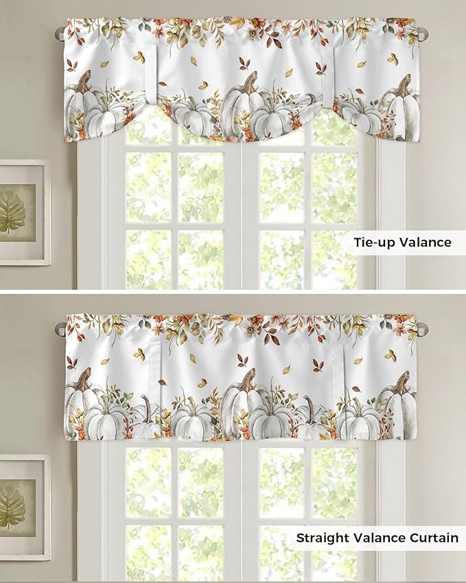 Fall Floral Leaves Blackout Tie Up Valance Curtains for Kitchen Windows Thanksgiving Pumpkins Window Toppers Balloon Shades for Living Room/Bathroom/Bedroom,1 Panel,42" X 18" Boho