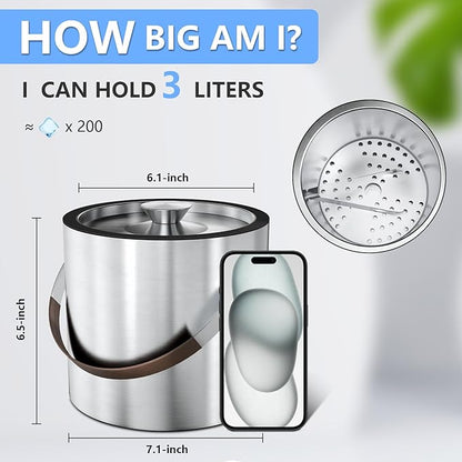 3L Double Wall Ice Bucket for Parties with Silicone Lid, Tongs & Strainer, Bar Insulated Ice Buckets [Silicone Lid for Longer Ice] Cocktail Wine Bucket Champagne Chiller Brown Accent Handle