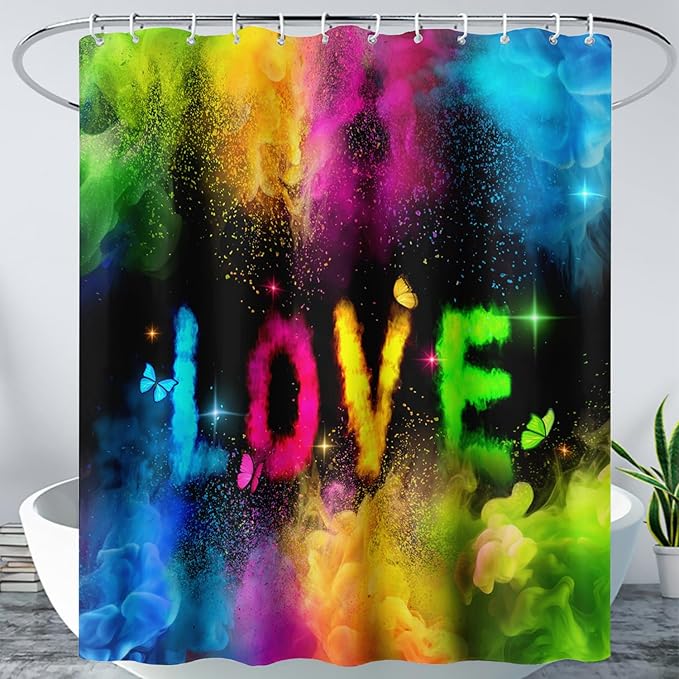 AILONEN Girls Shower Curtain for Bathroom, Rainbow Smoky Love Printed Bathroom Curtain Decor,Women Colorful Bath Curtain Polyester Waterproof Bathroom Curtain with 12 Hooks(72" W*78" H)