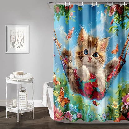 AILONEN Kawaii Cat Shower Curtain Set, Swing Cat with Butterfly Waterproof Fabric Shower Curtain for Kids Boys Girls,Cartoon Pet Cats Cloth Bath Curtain,48" W*72" H