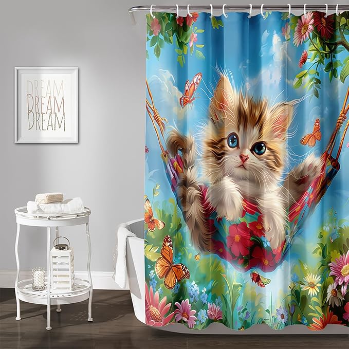 AILONEN Kawaii Cat Shower Curtain Set, Swing Cat with Butterfly Waterproof Fabric Shower Curtain for Kids Boys Girls,Cartoon Pet Cats Cloth Bath Curtain,72" W*78" H