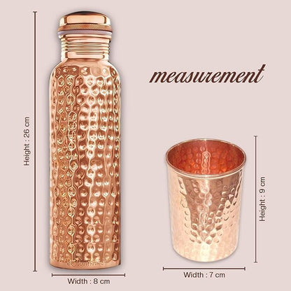 Hammered Copper Water Bottle With Set Of 2 Plain Tumbler | Premium Quality | Pure Authentic Copper Bottle (34 Oz /1000ml ) With Set 2 Copper Tumblers For Drinking