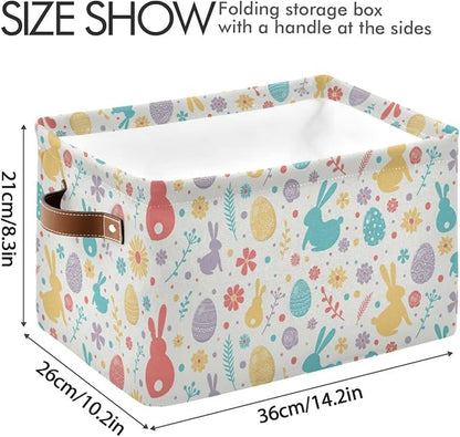 Happy Easter Day Eggs Bunny Storage Basket Fabric Laundry Baskets Easter Rabbit Peeps Spring Flowers Storage Boxes Organizer Bag for Baby Cloth Toy Book Storage Cubes Shelf Closet Bins 16×12×8 Inches