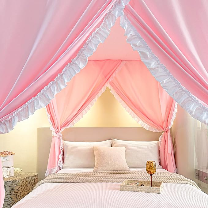 AIKASY Peach Pink Canopy Bed Curtains with Top Ties and Tie Backs for Bedroom Decoration - Queen Size Bed Curtains with Windproof and Lightproof Features