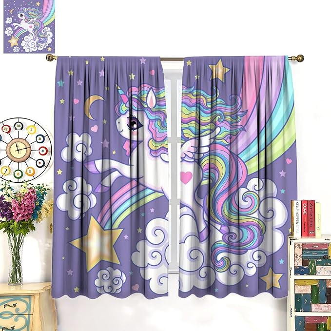 Kids Unicorn Curtains Purple Cartoon Rainbow Cartoon Room Blackout Curtains Boys Girls Baby Room Decor Curtains Living Room Decor 72x63 Inch 2 Panels