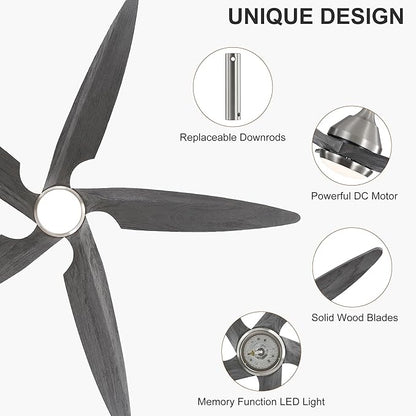 54 Inch Modern Ceiling Fan with Lights and Remote, 5 Wood Blades, 6-Speed Noiseless Reversible DC Motor with Replaceable Downrods for Bedroom Living Room Dining Room, Nickel and Gray