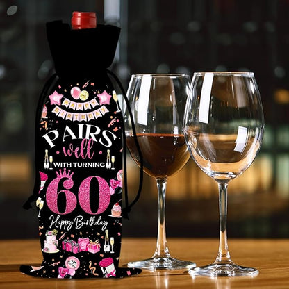 60th Birthday Gifts for Women Men Wine Bag, Cool Gifts for 60 Year Old Woman, 60th Birthday Party Decorations for Woman Men, Pairs Well with Turning 60 Wine Bags (Black Pink)