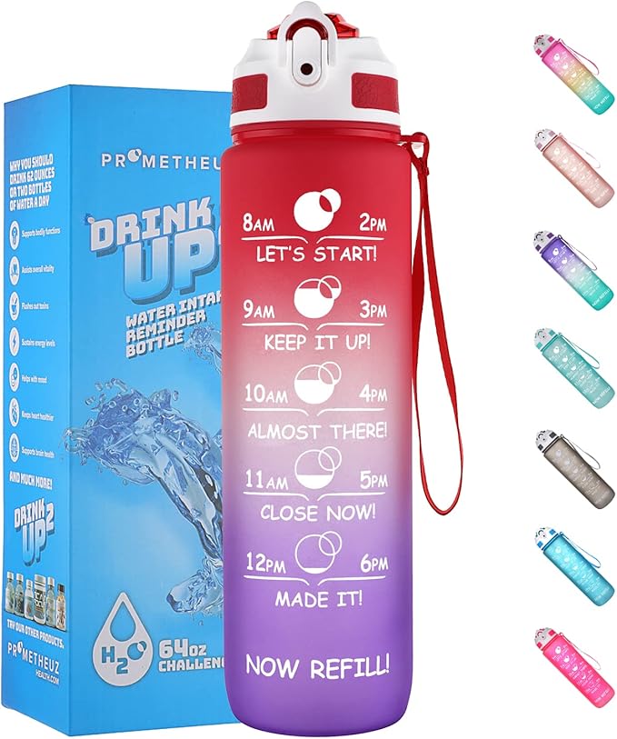 PROMETHEUZ Sports Water Intake Reminder Bottle with Time Marker and Straw, Leakproof Tritan BPA-Free, Fast Flow,Dark Pink Dark Purple, 32 oz