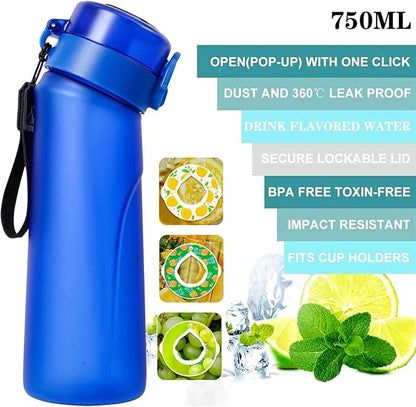 Air Water Bottle,750ML Scent Water Cup with 3 Flavour Pods,Leak Proof Sports Water Cup with Straw Suitable for Outdoor Sports,Gifts From Friends, Birthday Gifts (New Blue + 3pods)