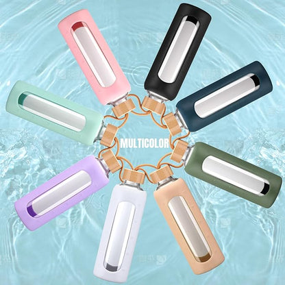 24oz Glass Water Bottle With 2 Lids-Flip Straw Lid, Bamboo Lid, Glass Water Bottle With Silicone Sleeve, Motivational Time Marker, Glass Juice Bottle for Cold Drink,White