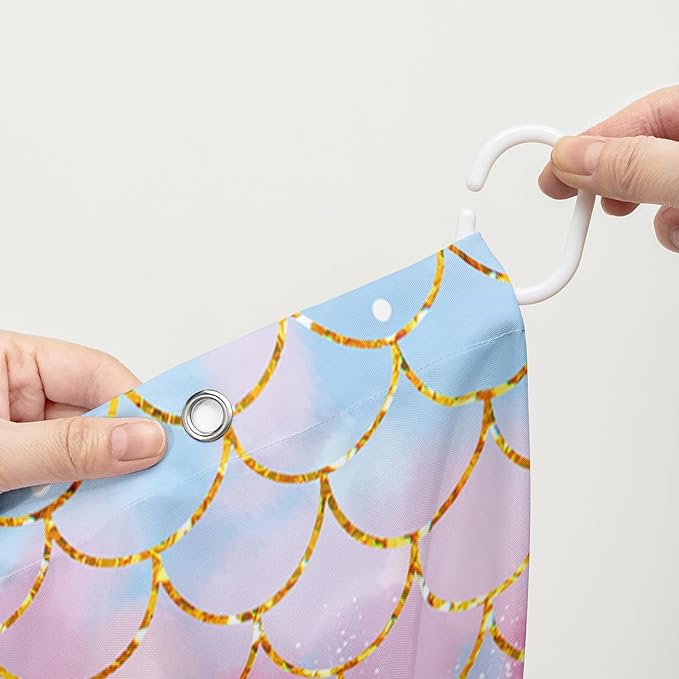 AILONEN Mermaid Shower Curtain,Cute Black Girls Mermaid Bath Curtain for Kids Girls,Ocean Fish Pink Mermaid Scale Print Shower Curtain for Bathroom Decor Waterproof with 12 Plastic Hooks, 72" W*78" H