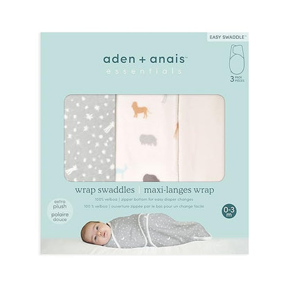 aden + anais, Velboa Baby Wrap, Newborn Wearable Swaddle Blanket,TOG 1.5, 3 Pack, Grey Wild Prairie, 0-3 Months