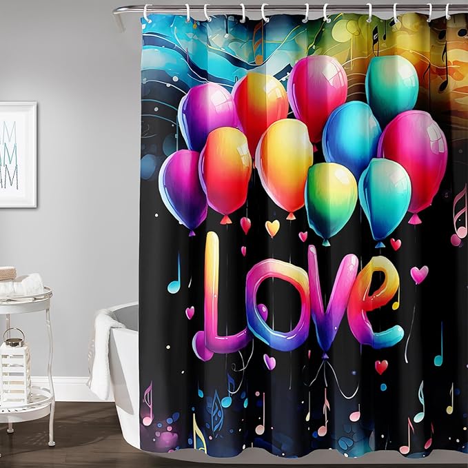 AILONEN Love Theme Shower Curtain for Bathroom, Romantic Rainbow Balloon Tie Dye Bath Curtain for Kids Girls Women,Abstract Music Black Shower Curtain Waterproof with 12 Plastic Hooks, 72" W*96" H