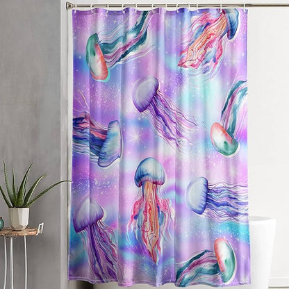 AILONEN Jellyfish Shower Curtain,Cartoon Sea Animal Jellyfish Bath Curtain Set for Kids Girls,Tie Dye Starry Night Fabric Shower Curtains for Bathroom, 60" W*72" H