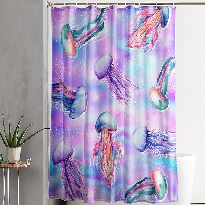 AILONEN Jellyfish Shower Curtain,Cartoon Sea Animal Jellyfish Bath Curtain Set for Kids Girls,Tie Dye Starry Night Fabric Shower Curtains for Bathroom, 72" W*96" H