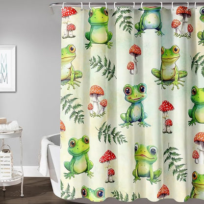 AILONEN Cute Frog Shower Curtain for Bathroom, Mushroom and Frog Bath Curtain,Amphibians Fungus Printed Waterproof Curtain with 12 Plastic Hooks,Green 72" W*84" H