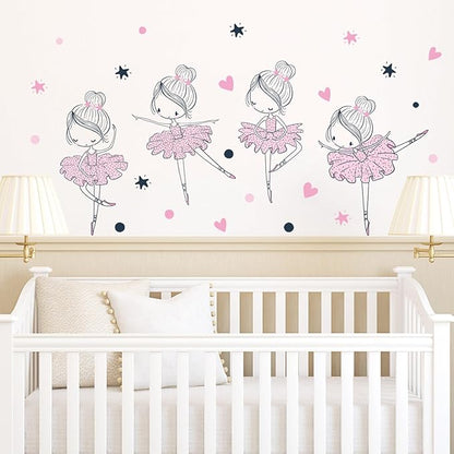 4 Cute Ballerina Ballet Dancers Wall Decals for Girls Bedroom Large Removable Wall Stickers for Classroom Pink and Black Wall Murals Peel and Stick Vinyl Kids Room Decor for Living Room Nursery